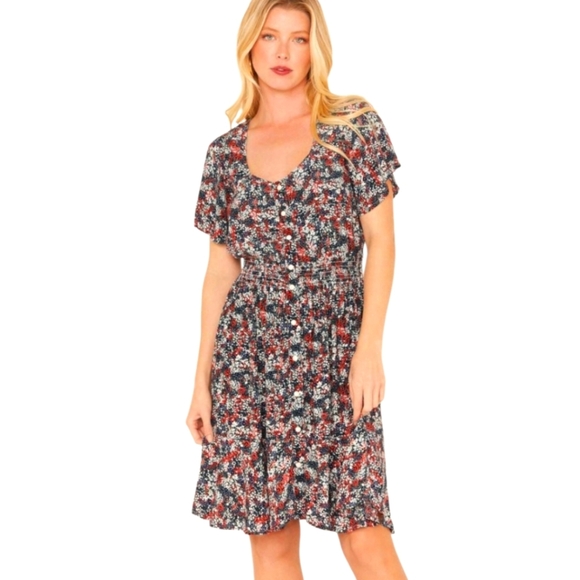 Wrangler Retro Women's Ditsy Snap Front Mini Dress - Floral Red White & Blue - Picture 1 of 10